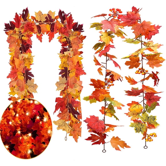 Bexikou 2 Pack 5.6ft 30 LED Maple Leaf Garland String Lights,Artificial Fall Leaves Vine Decorations,Fake Plant Garland,Party Decor LED Lights for Home Garden Wall Doorway Fireplace Backdrop