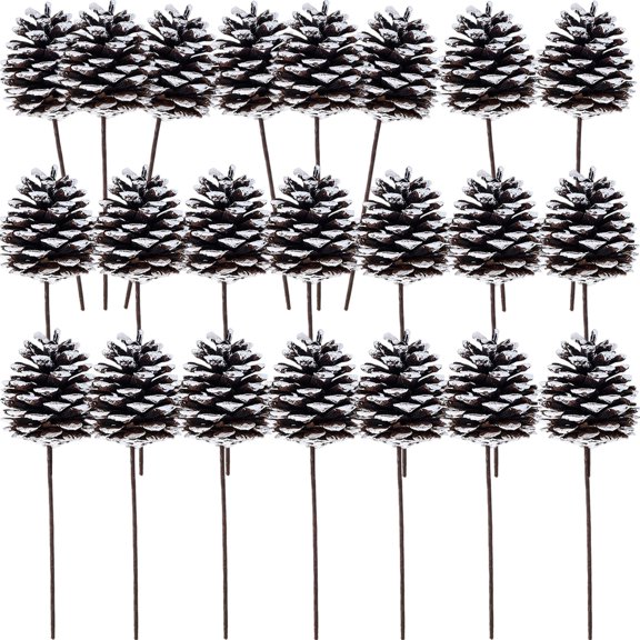 Bexikou 20 Pcs Natural Christmas Pine Cone Picks,Frosted Snow Pinecone with Wired Pick,Christmas Rustic Pine Cones Ornaments for Christmas Tree Home Party Holiday Decoration