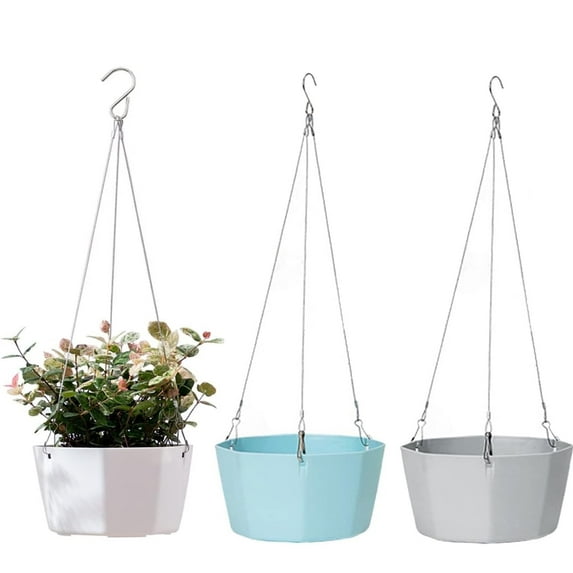 Bexikou 3 pack 6inch Small Hanging Plant Pots,Hanging Flower Pot Outdoor Hanging Pot Basket,Plastic Hanging Planters Holder with Chains Drainage Holes for Home Garden Indoor Decor, 3 Colors