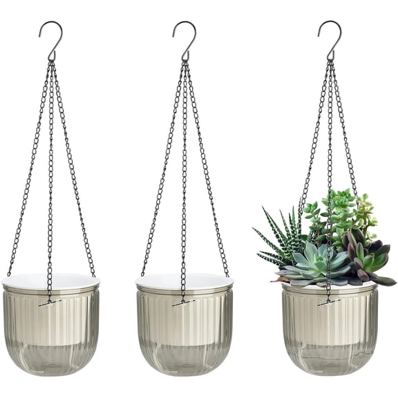 Bexikou 3 Pack Self Watering Hanging Planter,Indoor Hanging Plant Basket ,Outdoor Plastic Hanging Plant Pots with 3 Hook Chains Drainage Holes for Garden Home(Gray)