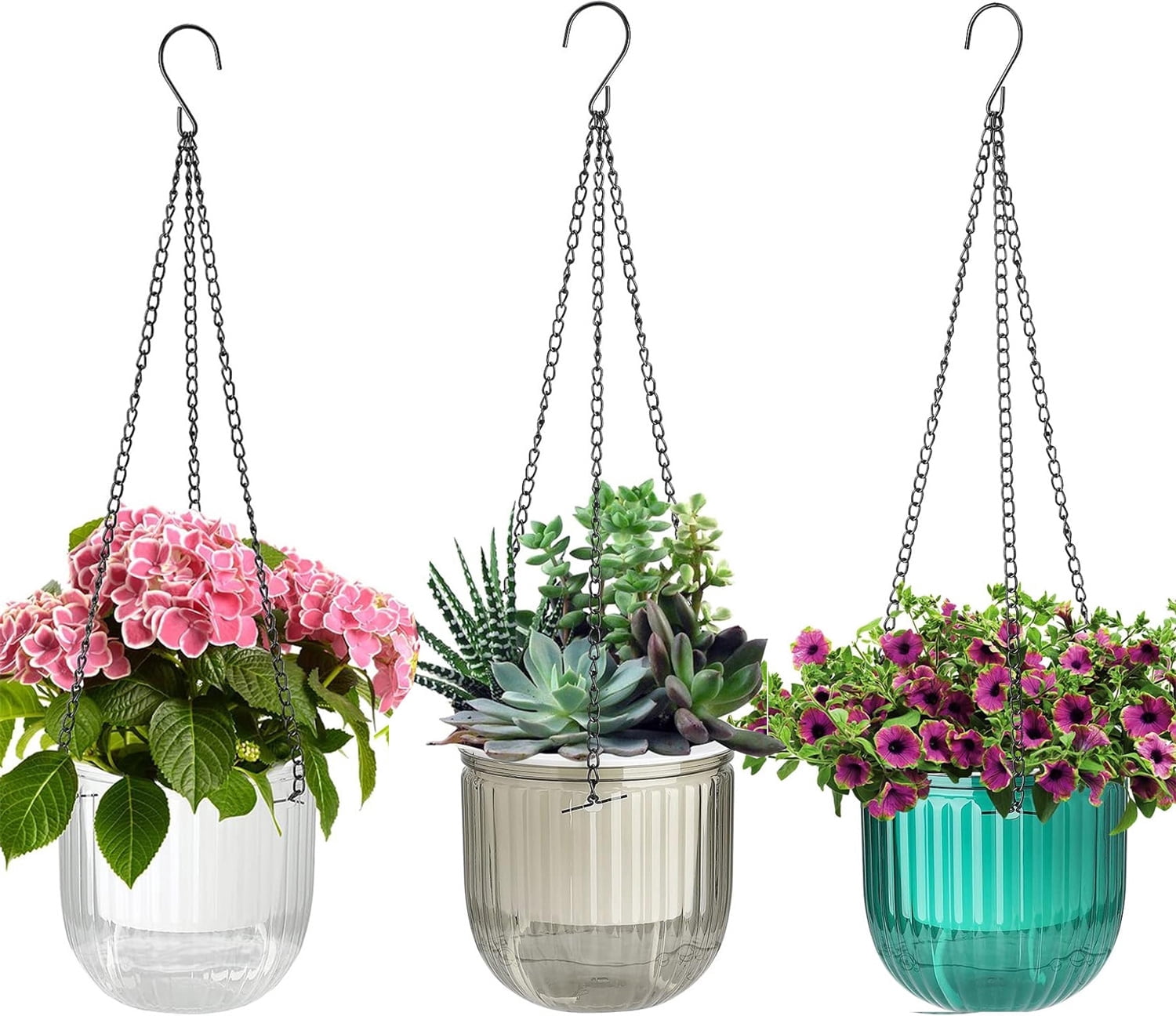 Bexikou 3-Pack Self Watering Hanging Planters, 4.5in Hanging Plant Pots with Drainage Holes & Chain Hooks for Home Balcony Garden Decor