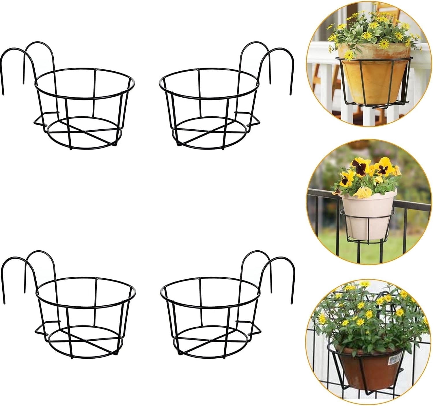 Bexikou 4 Pcs Hanging Railing Planters Basket,Metal Planter Flower Pot Holder,Iron Rack Fence Shelf Plant Holder with Hook for Balcony, Garden, Indoor and Outdoor (Black)