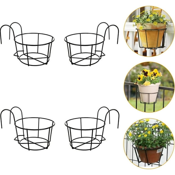 Bexikou 4 Pcs Hanging Railing Planters Basket,Metal Planter Flower Pot Holder,Iron Rack Fence Shelf Plant Holder with Hook for Balcony, Garden, Indoor and Outdoor (Black)