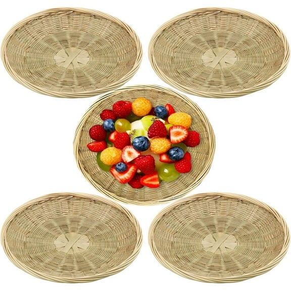 Bexikou 4 Pcs 9.8 inch Bamboo Paper Plate Holder,Hand Weave Wicker Plate Holders,Reusable Paper Plate Baskets for Parties, Picnic, and Barbecue