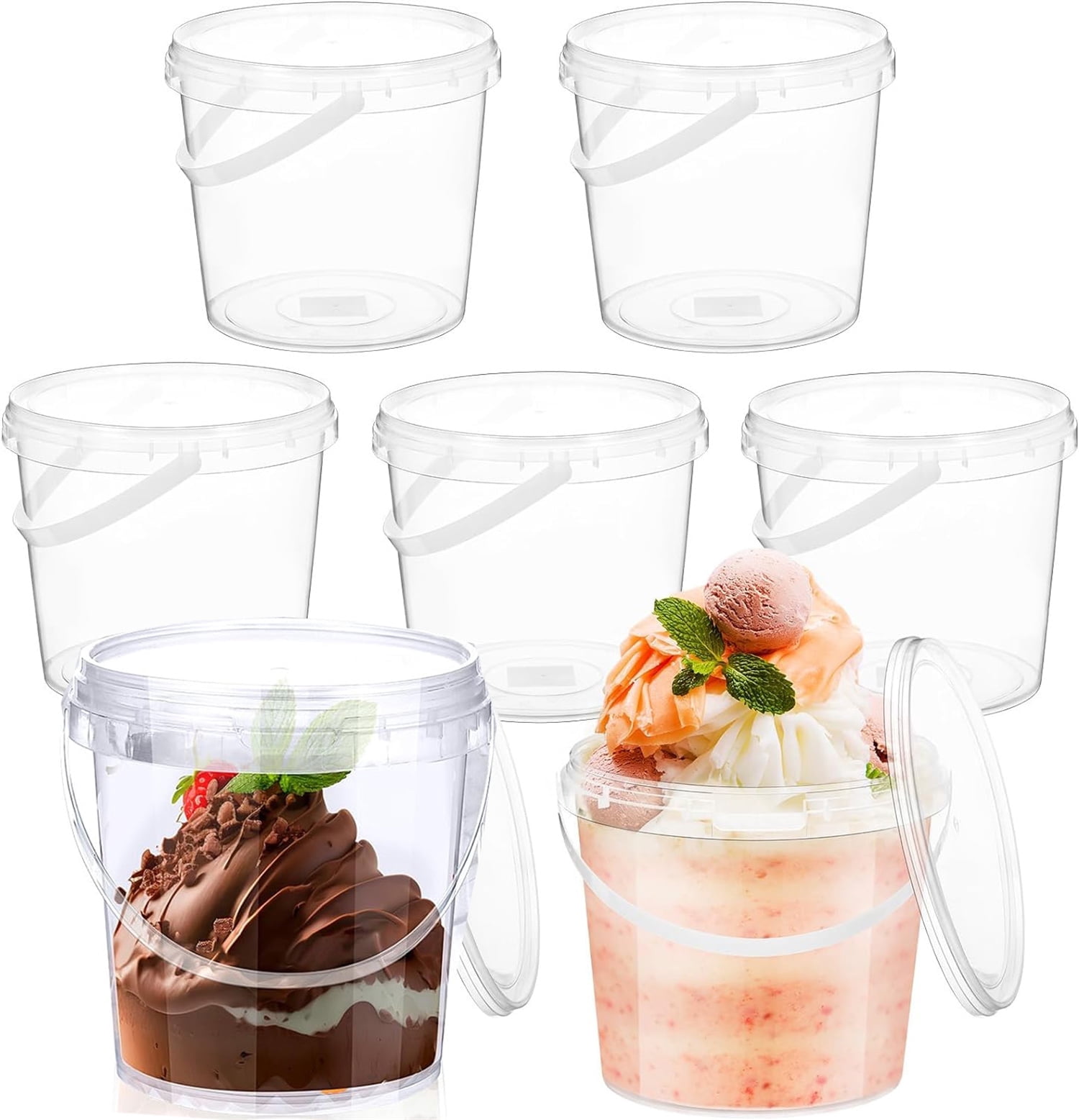 Bexikou 5 Pcs Ice Cream Buckets with Lid,Clear Plastic Bucket with Handle,Reusable Plastic Ice Cream Containers,Round Storage Tubs Food Storage Containers Pail (Clear, 1L)