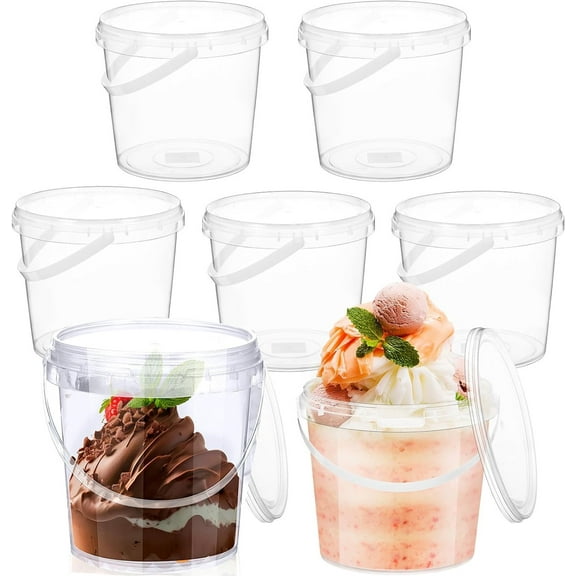 Bexikou 5 Pcs Ice Cream Buckets with Lid,Clear Plastic Bucket with Handle,Reusable Plastic Ice Cream Containers,Round Storage Tubs Food Storage Containers Pail (Clear, 1L)