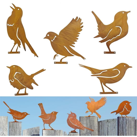 Bexikou 5 Pcs Metal Rusty Birds Art Decoration for Fence Decorations,Outdoor Metal Birds Craft Statue Ornaments,Garden Yard Art Ornaments,Rusty Birds Fence Art Outdoor and Garden