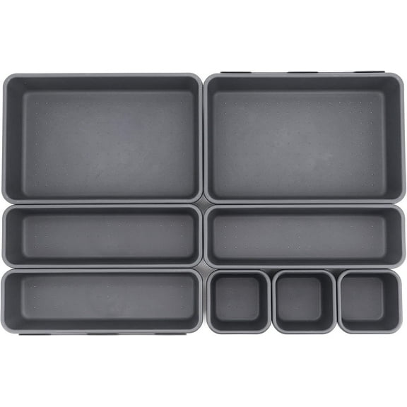 Bexikou 8-Piece Stackable Drawer Organizer Set, Rectangle Stackable Storage Trays, Makeup Vanity Storage Bins and Bathroom Office Desk Drawer Dividers, Gray