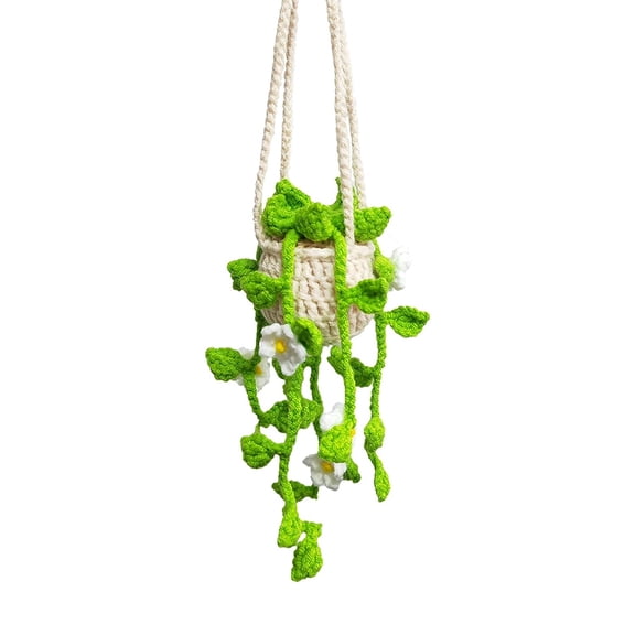 Bexikou Cute Car Accessories Crochet Hanging Basket Flower Plant Car Ornament for Rearview Mirror Decor Interior Aesthetic Plant Lovers Gifts for Women and Men Drivers