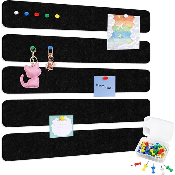 Bexikou Felt Bulletin Board, 5Pcs Black Felt Pin Board Bar Strips,Self-Adhesive Lightweight Bulletin Board Bar Strips with 25 Pushpins No Damage to Wall for Paste Notes Photos Announcements