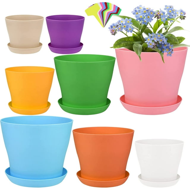 Bexikou Plant Pots, 8 Pack Plastic Flower Pots Outdoor Garden Planters with Multiple Drain Holes and Saucer -4.7 inch Indoor Small Plant Pots for All Home, Random Color