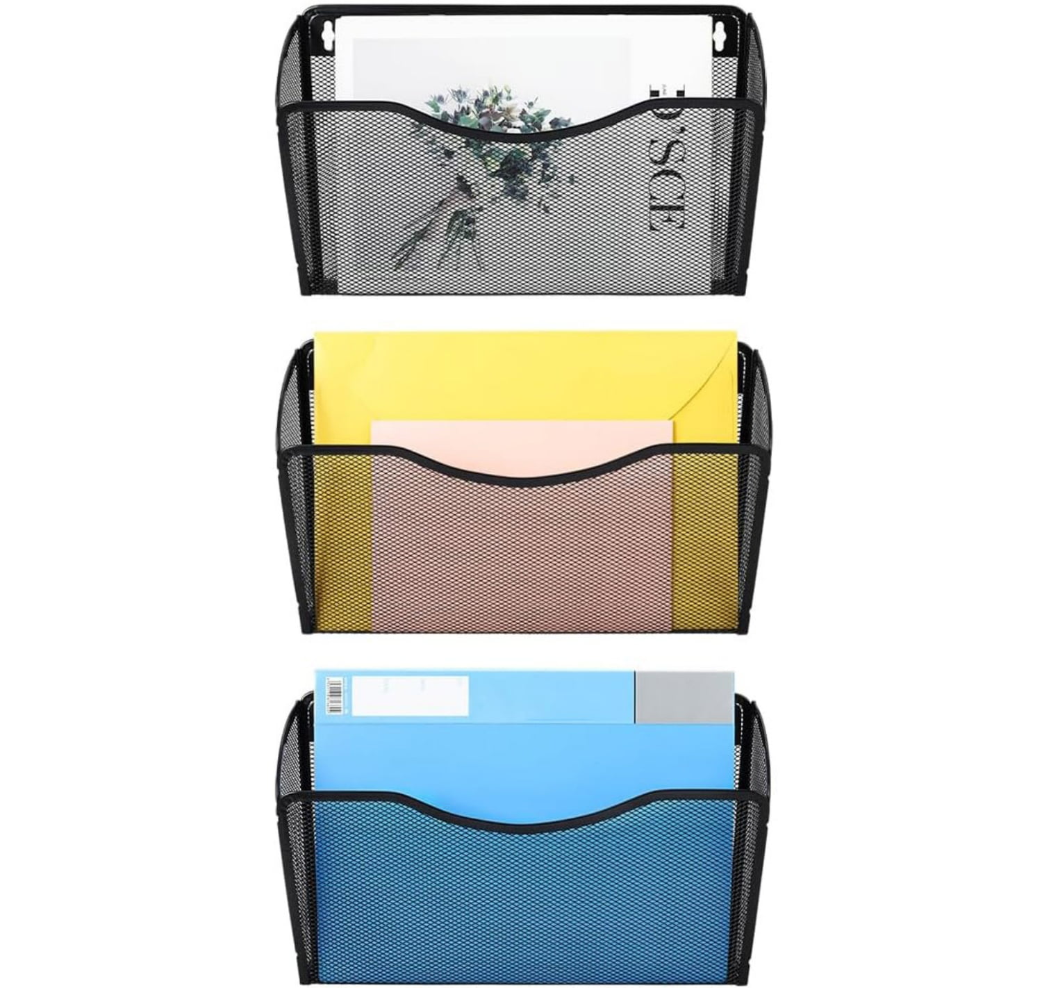 EASEPRES デスクファイルオーガナイザー メッシュ 3段 吊り下げ式 壁取り付け 書類整理スタンド デスクトップ 縦型 メール  ファイルオーガナイザー 縦型ファイルフォルダーホルダーオーガナイザー、紙雑誌書類用ファイルソーター(Silver) EASEPRES 3ポケット ハンギングファイルオーガナイザー ブルー