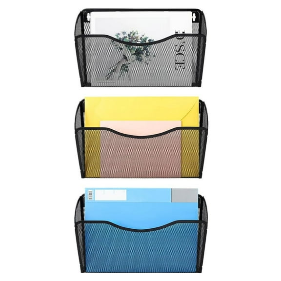 Bexikou Wall Folder File Letter Pocket Holder (3 Pack) Metal Mesh Desk Hanging Basket Box Bin Mail A4 Size Paper Document Organizer, Storage Rack Single Slot Wall Mount for Office Home - Black