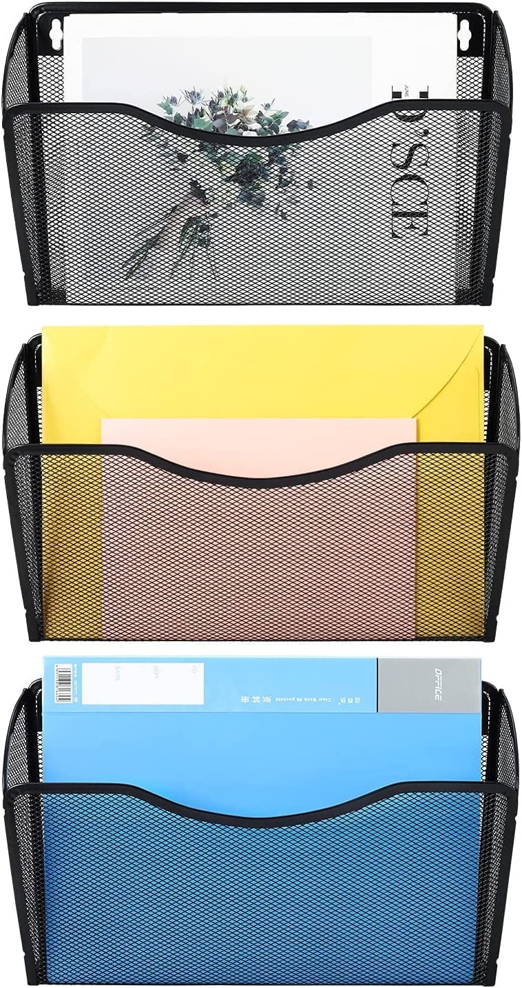 Bexikou Wall Folder File Letter Pocket Holder (3 Pack) Metal Mesh Desk Hanging Basket Box Bin Mail A4 Size Paper Document Organizer, Storage Rack Single Slot Wall Mount for Office Home - Black