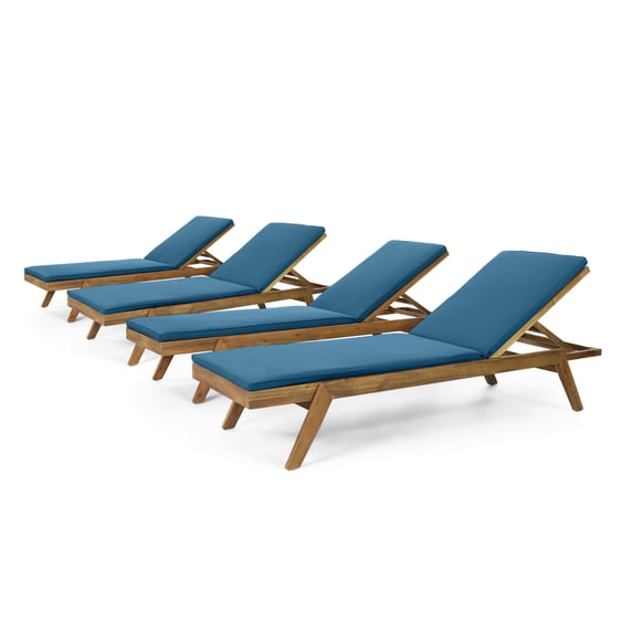 Bexley Acacia Wood Outdoor Chaise Lounge with Water Resistant Cushions, Set of 4, Teak and Blue