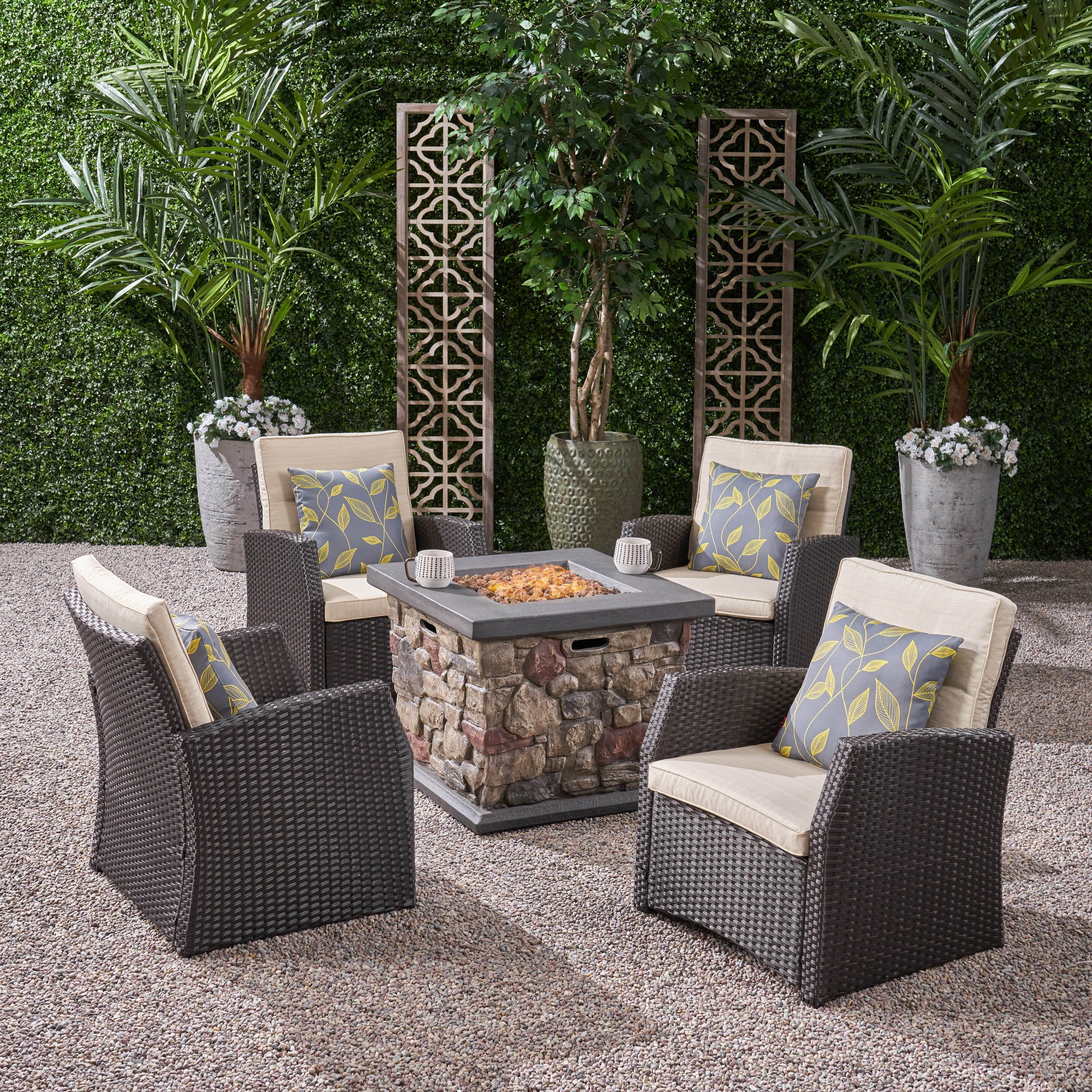Bexley Conversation Set with 30 Inch Lightweight Concrete Fire Pit and Cushioned Wicker Club Chairs Set of 4 Dark Brown Beige Stone