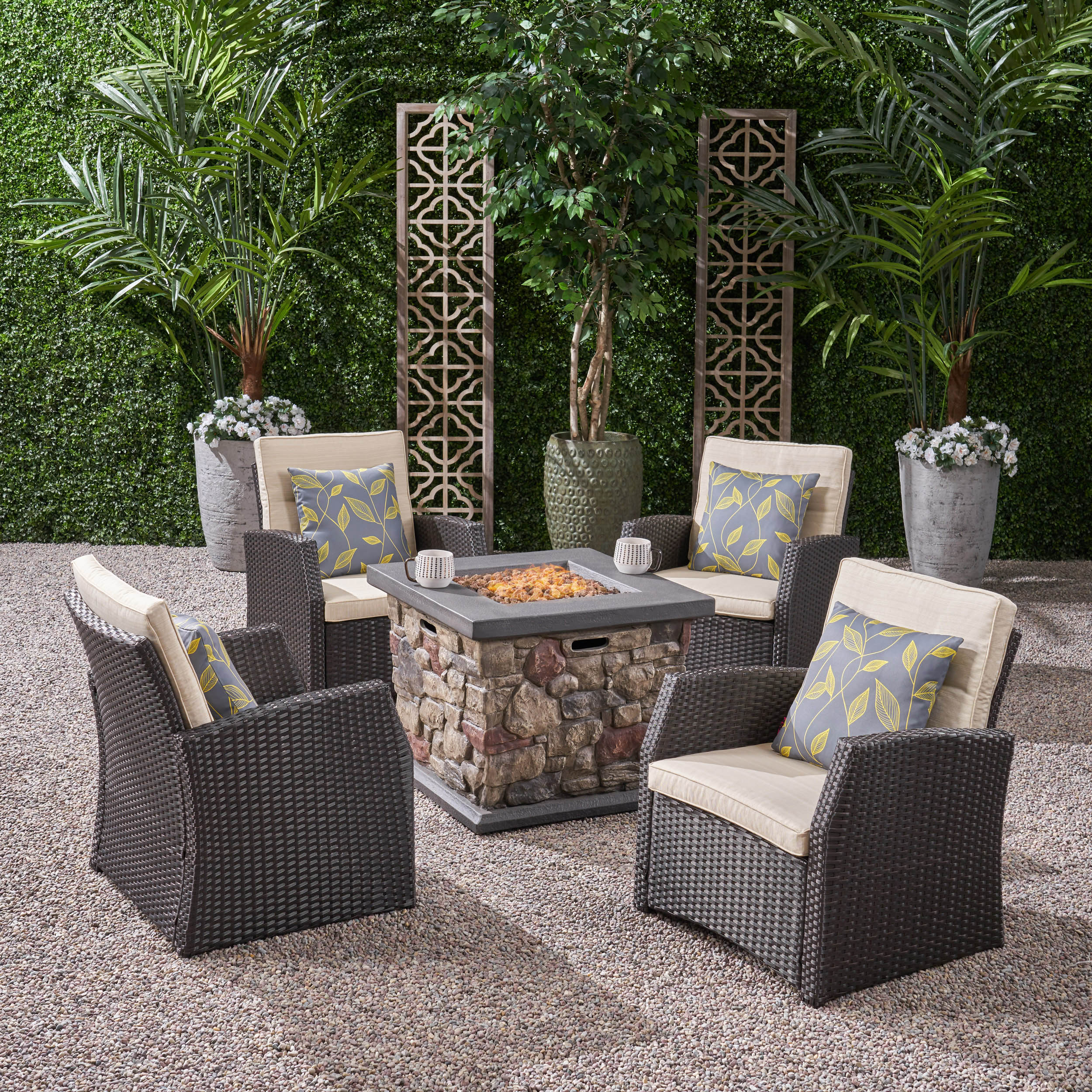 Bexley Conversation Set with 30 Inch Lightweight Concrete Fire Pit and Cushioned Wicker Club Chairs, Set of 4, Dark Brown, Beige, Stone - image 1 of 7