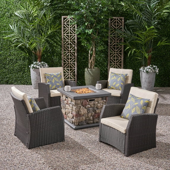 Noble House St. Marta 5 Piece Outdoor Wicker Chair and Firepit Set in Dark Brown