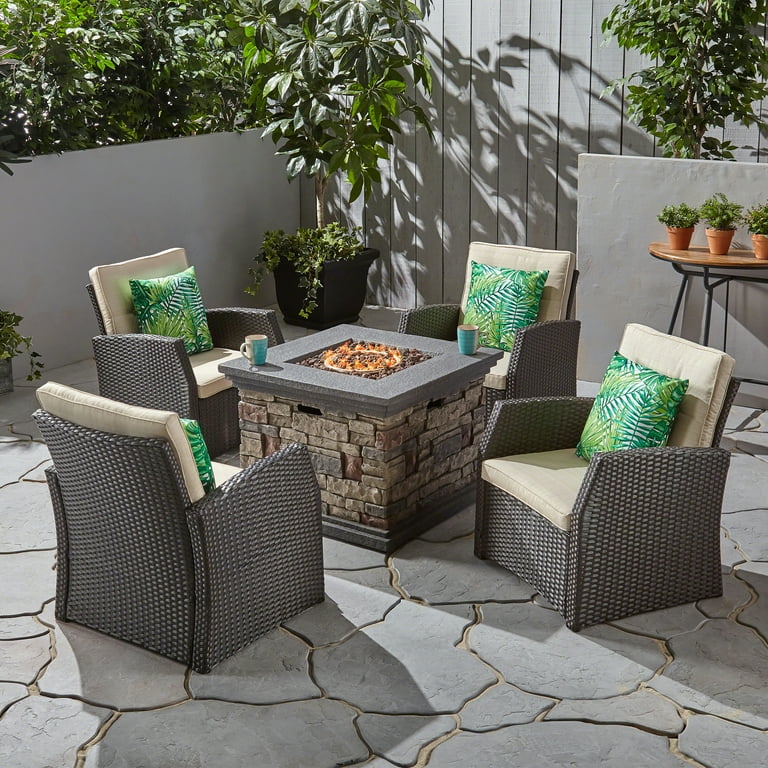 Noble House Malvern Outdoor 4 Seater Wicker Chat Set with Fire Pit Brown
