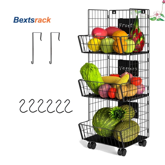 Bextsrack 3 Layer Stackable Wire Baskets Fruit Baskets,Fruit Bowl for Kitchen Counter With wheels Black