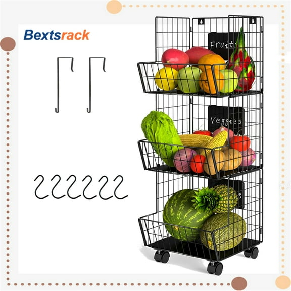 Bextsrack 3 Layer Metal Basket Fruit Basket Bowl kitchen pantry organizers and storage With wheels Black