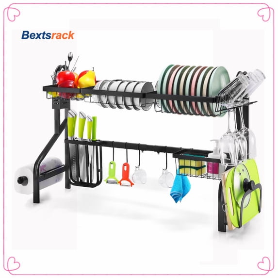 Bextsrack 2 Layer Adjustable Length Dish Rack for Storage Kitchen Counter Organization Black