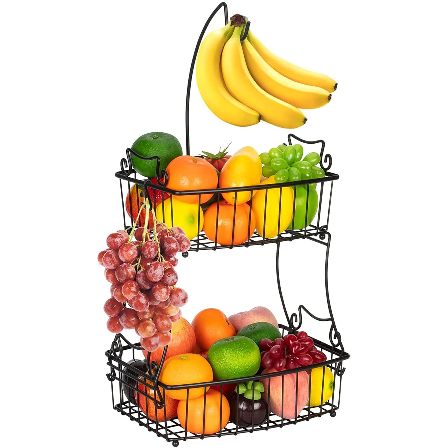 Black Metal 2-Tier Countertop Fruit Basket with Banana Hanger