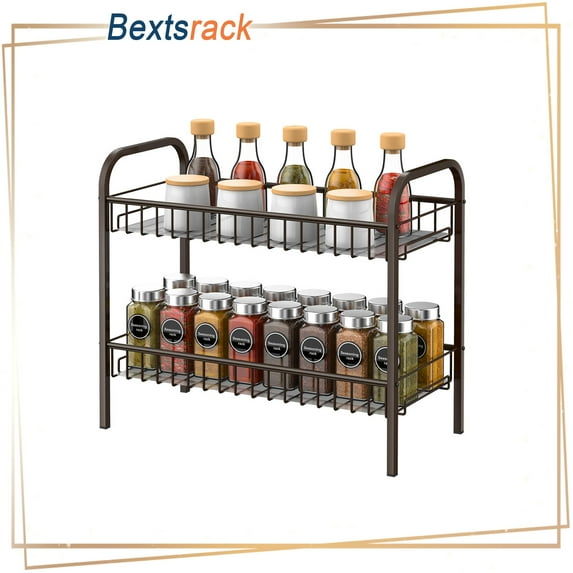 Bextsrack Spice Rack Organizer, 2 Tier Freestanding Metal Seasoning Jar Rack for Kitchen Cabinet Bathroom Pantry Office, Bronze