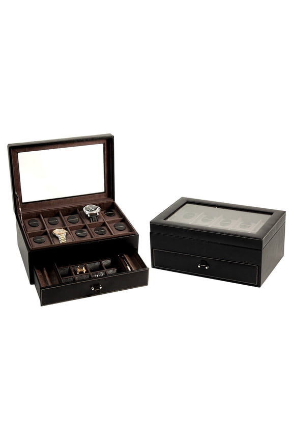 Black Leather Glass Lid 1-Drawer Velour Lined 10-Watch, Pen and Cuff Link Case GM8735