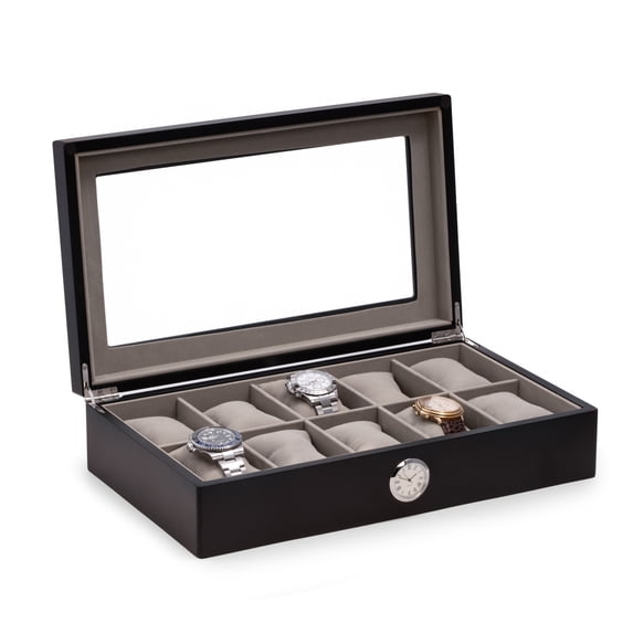 Bey Berk Black Wood Ten Watch Box w/ Quartz Movement Clock