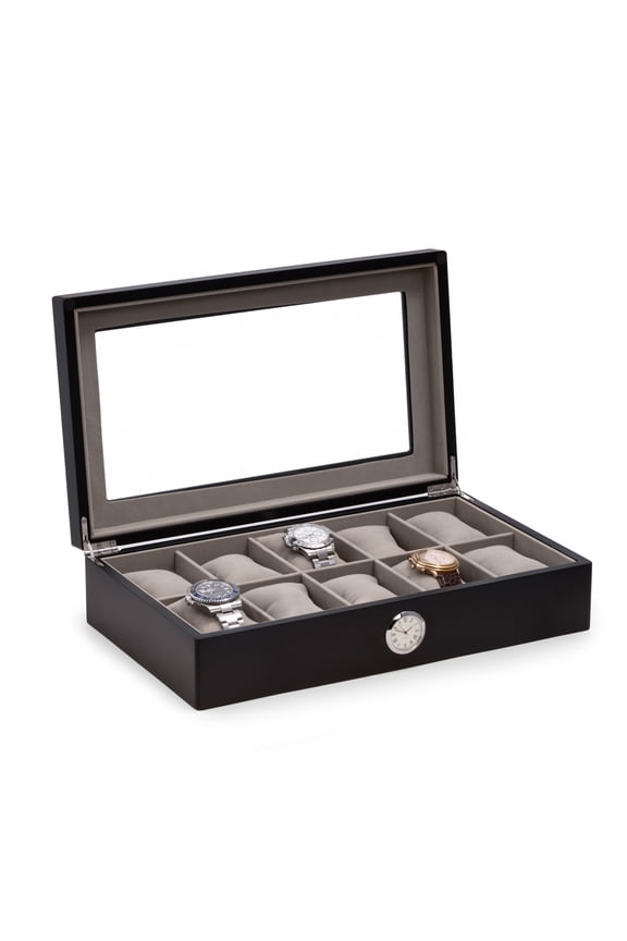 Bey Berk Black Wood Ten Watch Box w/ Quartz Movement Clock