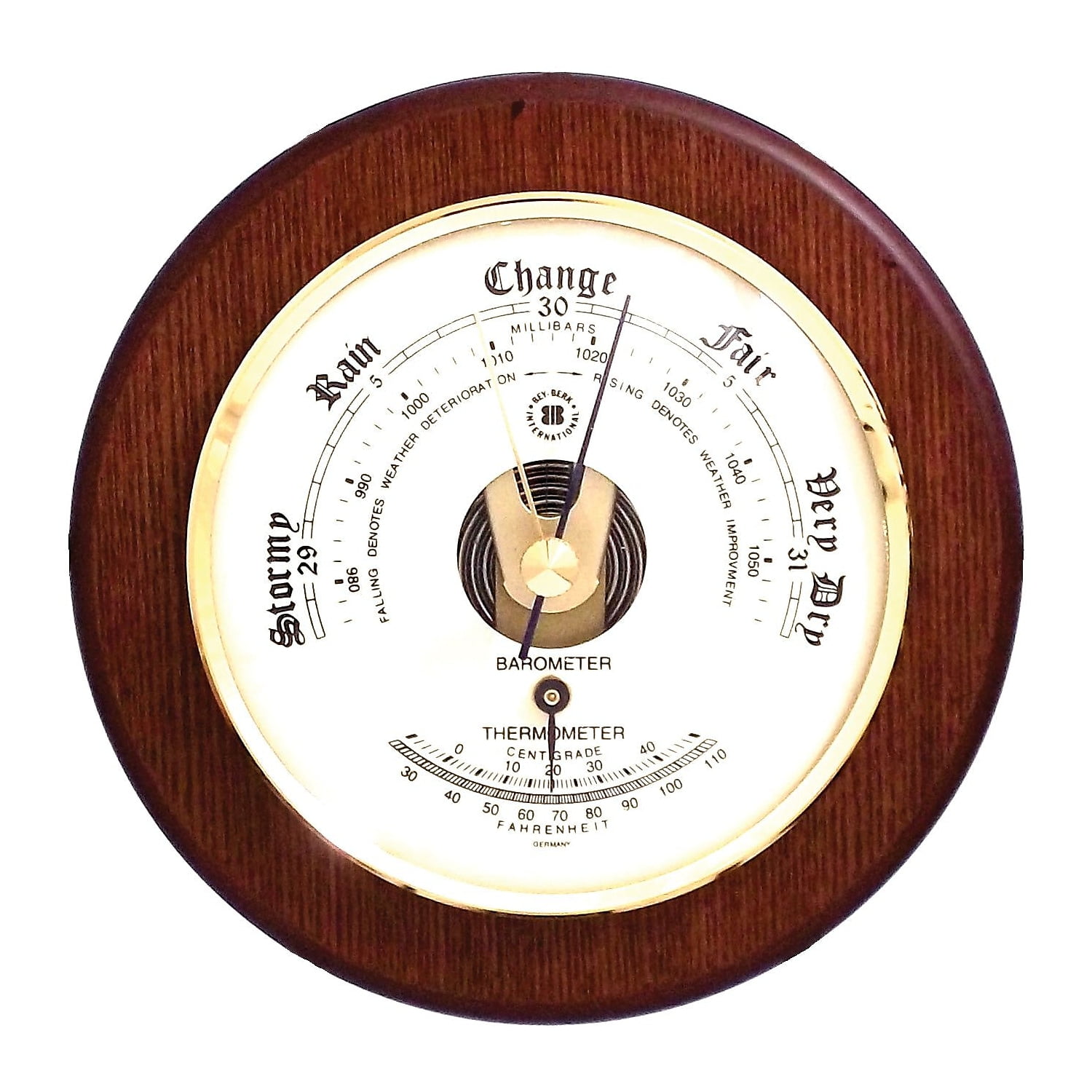 Bey-Berk Brass and Cherry Wood Indoor Barometer/Thermometer