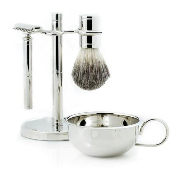 Bey-Berk International BB02 Safety Razor & Pure Badger Brush with Soap Dish on Chrome Stand, Silver