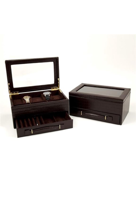 Brown Croco Texture Leather 5 Watch Box w/ Drawer Glass Top