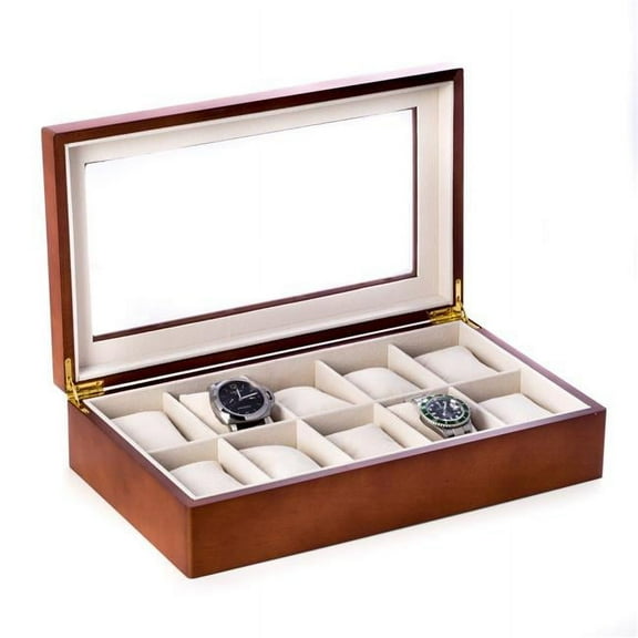 Cherry Finish Wood 10 Watch Box w/Glass Top