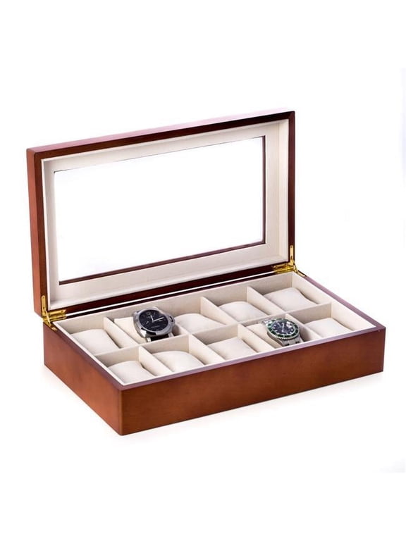 Cherry Finish Wood 10 Watch Box w/Glass Top
