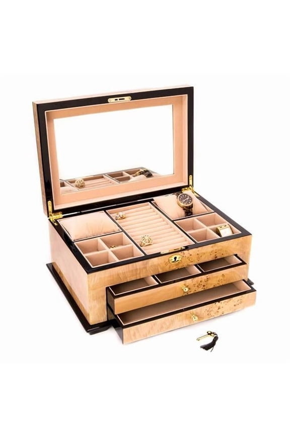 Birdseye Maple Lacquered Wood 3 Level Jewelry Box