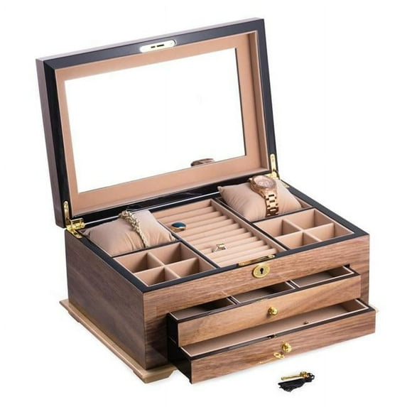 Walnut Lacquered Wood 3 Level Jewelry Box