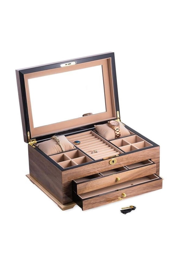 Walnut Lacquered Wood 3 Level Jewelry Box