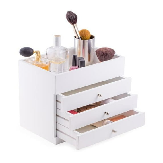 Bey-Berk International BB685WHT White Wood Makeup Case with Open Top - 3 Drawers