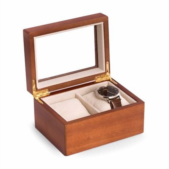 Bey-Berk BB689BRW Cherry Wood 2 Watch Box with Glass Top, Velour Lining & Pillows, Brown