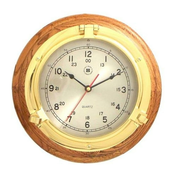 Bey-Berk SQ508 Lacquered Brass Porthole Quartz Clock on Oak Wood, Brown