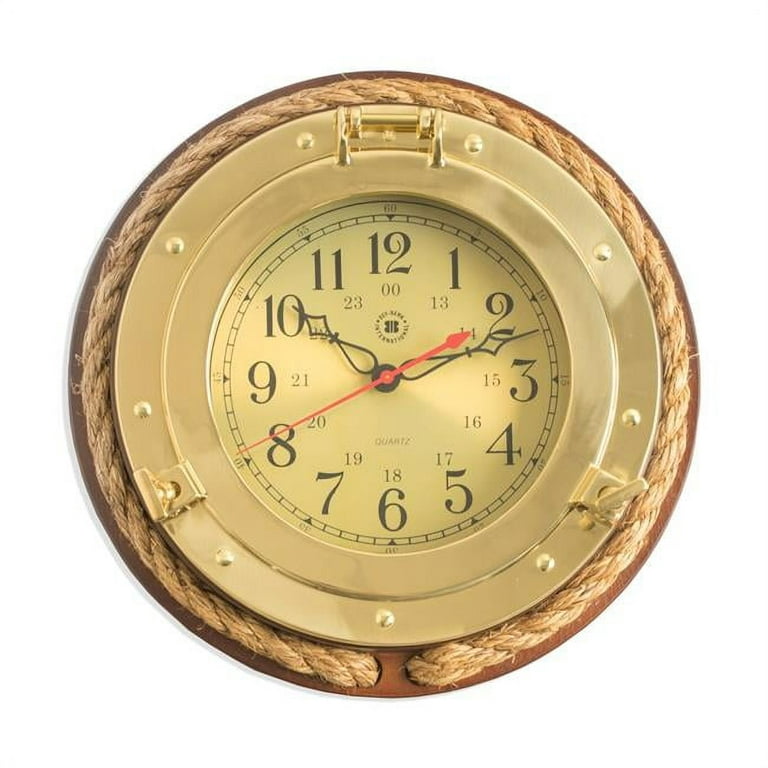 Bey-Berk International Brass Porthole Clock with Rope on Solid Wood -  Tarnish Proof