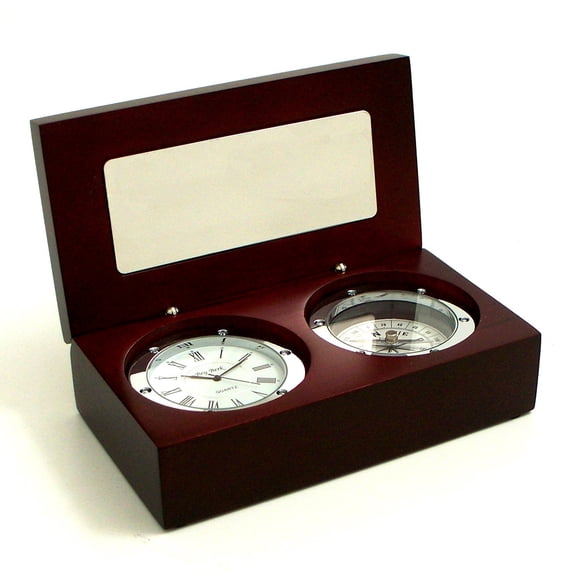 Bey-Berk International Clock / Compass in Wood Box - Tarnish Proof
