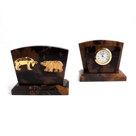 Bey-Berk International D017B Stock Market Tiger Eye Marble & Gold Plated Accents Quartz Clock & Letter Rack