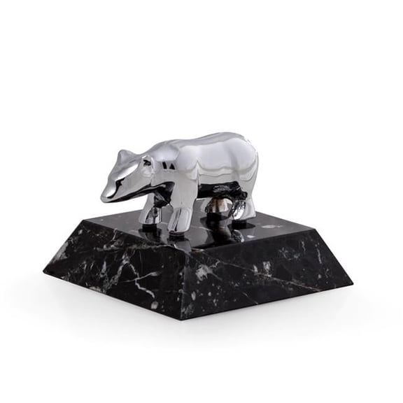 Bey-Berk International D023B Chrome Plated Bear Paperweight on Black Zebra Marble Base