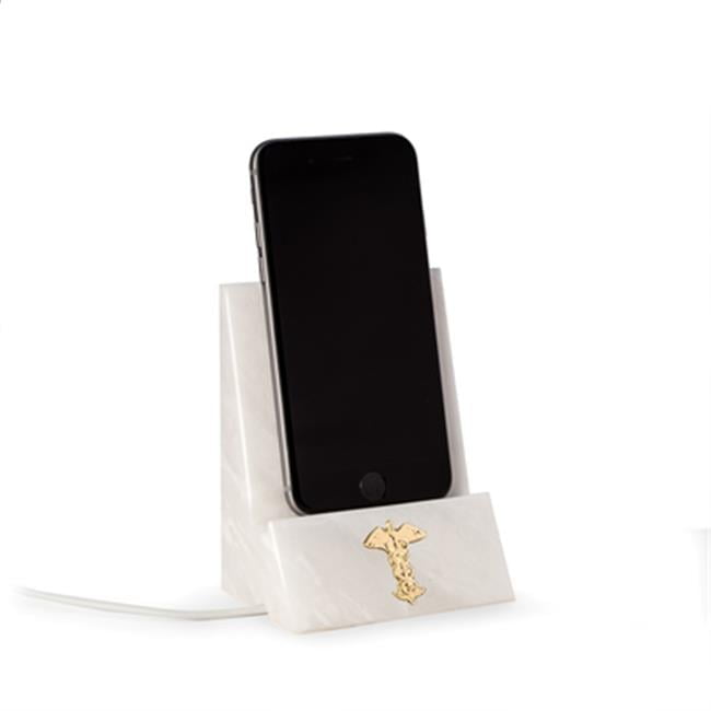 White Marble Phone Charging Stand with Brass Insignia