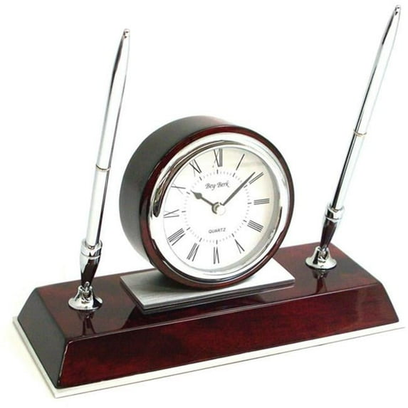 Bey-Berk International Dresden Lacquered Quartz Desk Clock with Chrome & Stainless Steel Accents, 2 Pens - Rosewood & Chrome