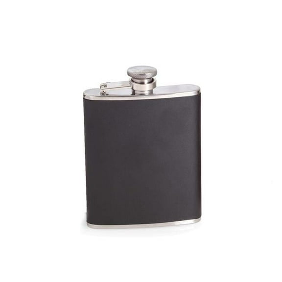 Bey-Berk International FS116 6 oz Stainless Steel Leather Flask with Captive Cap & Durable Rubber Seal - Black & Silver
