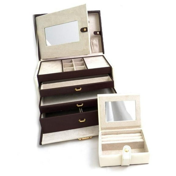 Ivory and Brown Leather with Hidden Storage Behind Mirror Top Handle 3-Drawer Locking Jewelry Case with Removable Travel Case GM4117